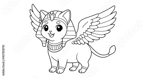 Egyptian cat with Wings: An adorable cartoon illustration depicts a charming Egyptian cat with elegant wings. It is a whimsical character in ancient civilization.
