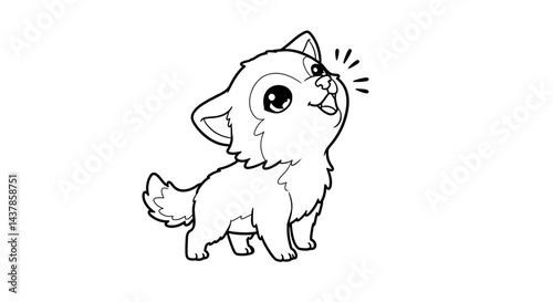 Cute Wolf Pup Cartoon: An adorable cartoon wolf pup with big eyes and a playful expression, howling cheerfully in a charming black and white illustration.
