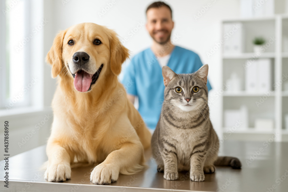 Happy dog and cat sitting on examination table in modern veterinary clinic, professional pet care environment.