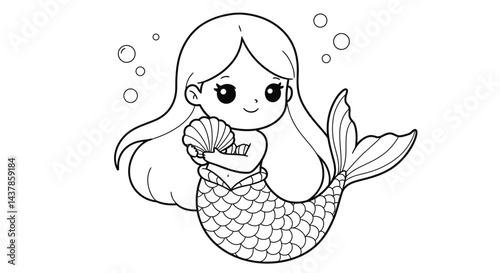 Magical Mermaid with Seashell: A whimsical mermaid, rendered in a clean, black and white style, tenderly holds a seashell, evoking the serenity of the ocean and the allure of mythical creatures.
