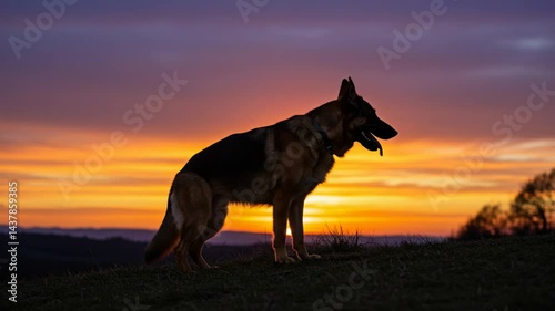 Dog Standing on Hill at Colorful Sunset Twilight Sky
