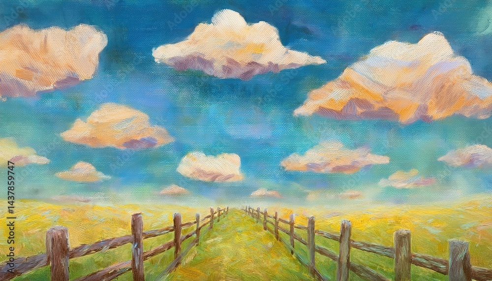 Obraz premium Rural Perspective With Fence Lines and Pastel Sky