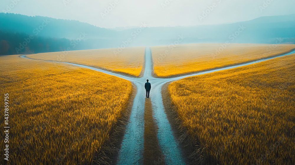A solitary person stands at a fork in a gravel path surrounded by a vast golden rice field. The early morning mist creates a serene atmosphere as the individual reflects on which direction to take