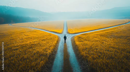 Obraz na płótnie A solitary person stands at a fork in a gravel path surrounded by a vast golden rice field. The early morning mist creates a serene atmosphere as the individual reflects on which direction to take w salonie