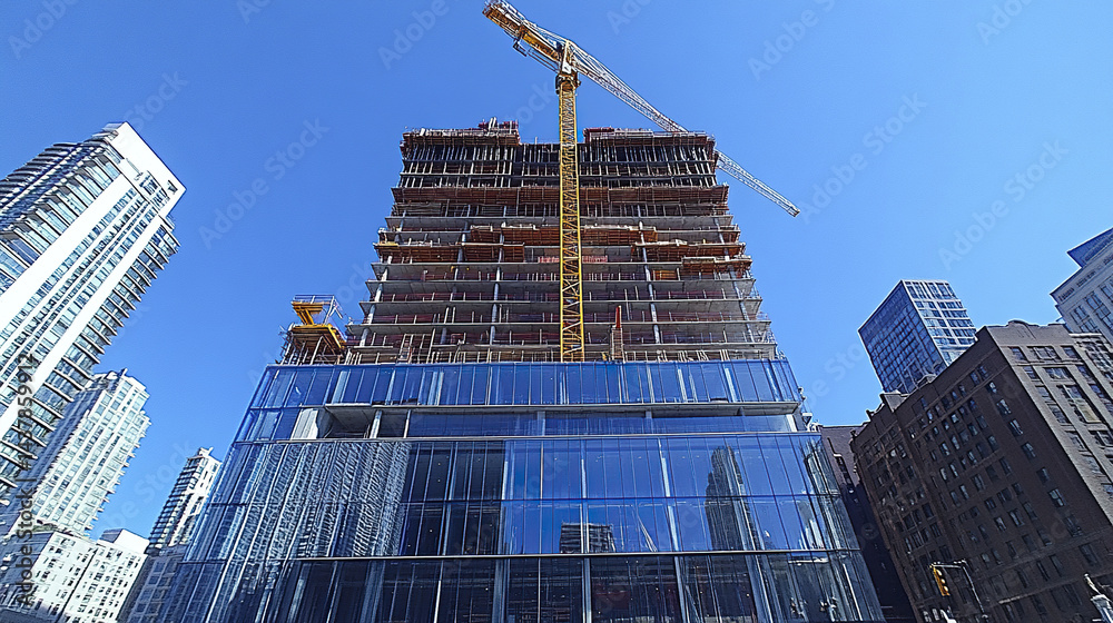 Fototapeta premium Glass clad skyscraper under construction with crane against clear blue sky