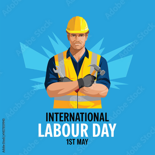 International Labour Day Vector Design Featuring Construction Worker in Safety Gear, Celebrating Workers' Rights and Hard Work on 1st May