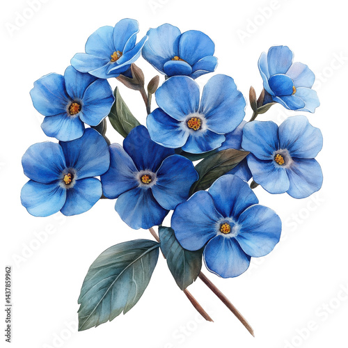 Vibrant Watercolor Painting of a Bouquet of Blue Forget Me Nots Flowers
