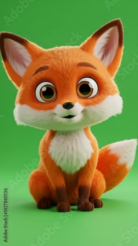 Sitting Animated Fox Character Smiling on Green Background