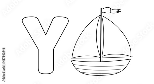 "Y is for Yacht: A simple outline illustration showcases the letter "Y" alongside a stylized yacht, designed for children's education and creative projects."