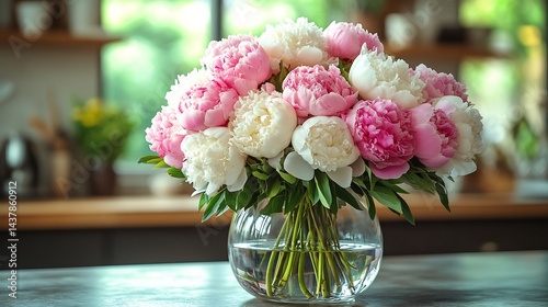 Wallpaper Mural Mothers Day colorful bouquet mix of pink peonies and white garden roses in modern kitchen setting natural light interior festive spring decor family celebration vibe Torontodigital.ca