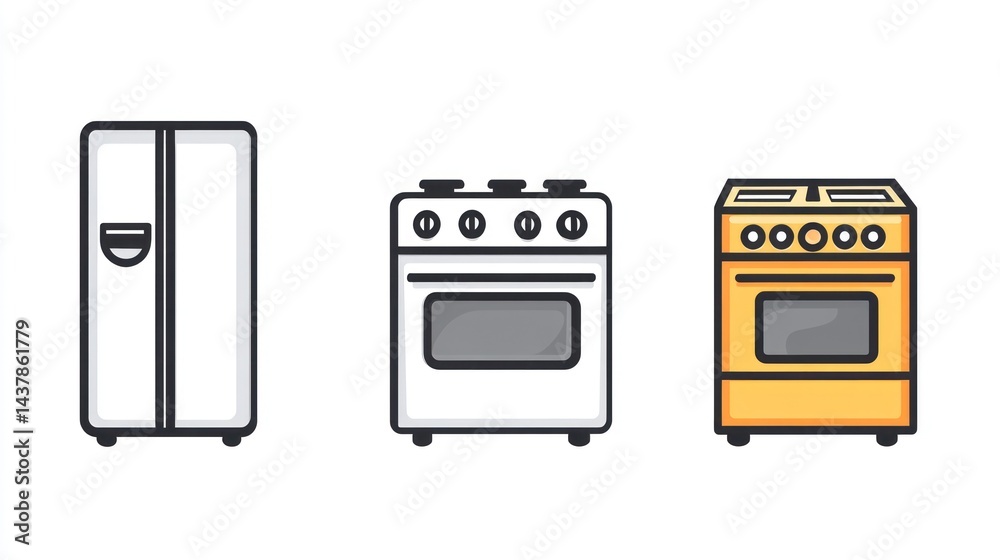 Fototapeta premium Kitchen appliances refrigerator, oven, stove. Background white. Use home appliance guide