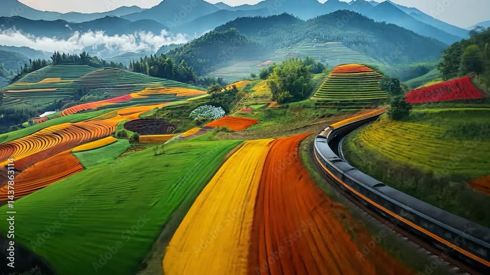Colorful terraced fields with a train passing through.