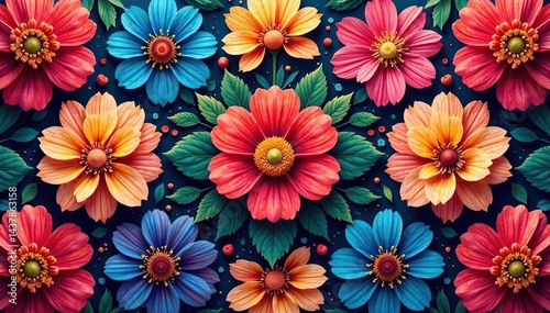 Intricate repeating blossom motif, lush vibrant hues, repeating texture, bud