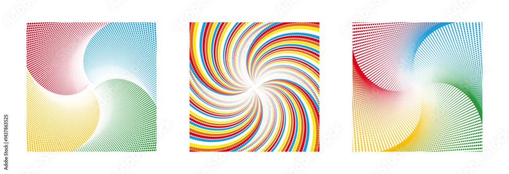 Fototapeta premium Vibrant halftone spirals, groovy retro swirl burst, colorful abstract halftone dot patterns in motion.