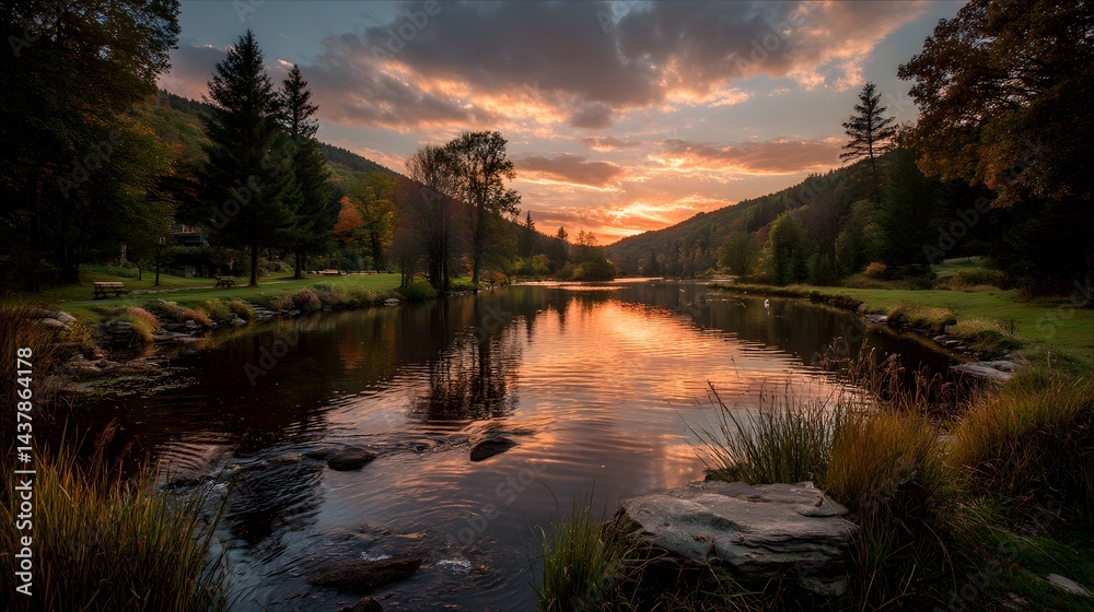 Obraz premium Romantischer Sonnenuntergang über ruhiger Flusslandschaft mit Bergen 