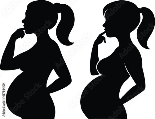 Silhouette Illustration of Pregnant Women in Thoughtful Pose. Maternity, Motherhood, Pregnancy Art.