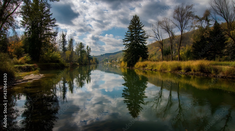 Obraz premium Idyllische Flusslandschaft mit dramatischem Himmel und Bäumen 