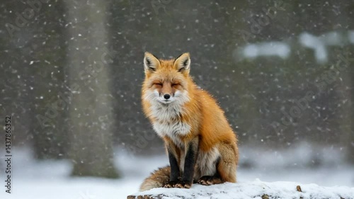 Fox Sitting Calmly During Winter Snowfall Outdoor Scene