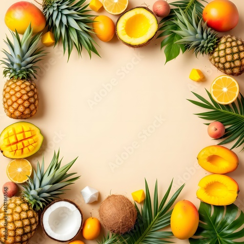 Yellow tropical fruits flat lay frame photo