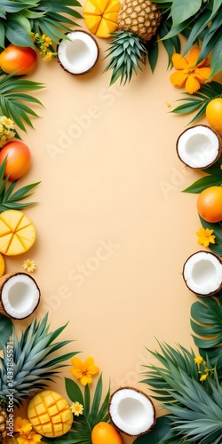 Tropical fruits frame on beige background photo