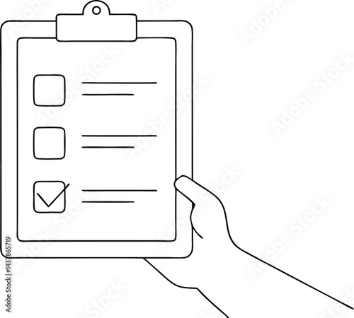 one line drawing of a clipboard with checklist held by a hand in black and white vector art illustration