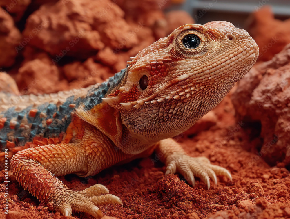 Obraz premium Close-up of a reptile-like creature basking in sunlight on Mars, surrounded by orange-red dust, a symbol of resilience and adaptability in an alien environment
