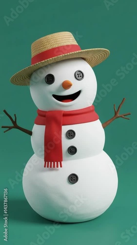 Smiling Snowman with Hat and Scarf Against Green Background