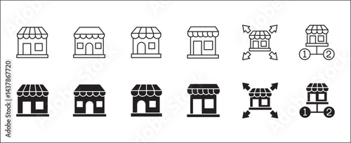 Store icons. Online shopping icon set. Store and shop symbol collection. Icon symbol set compatible for marketplace, online shop, market, web selling, retail, network branch store. Vector illustration