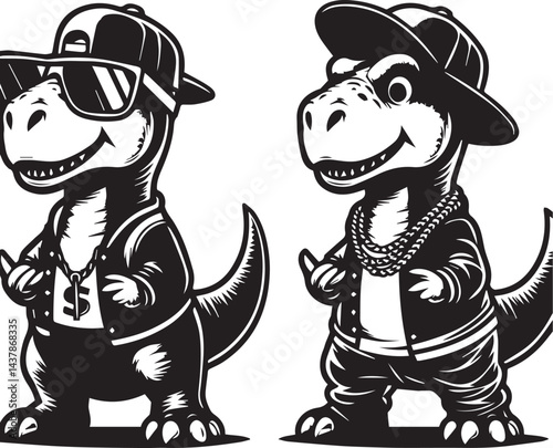 Hip-Hop Dragons in Stylish Streetwear. Three stylized dragons, dressed in trendy hip-hop attire, including baseball caps, sunglasses, and chains.