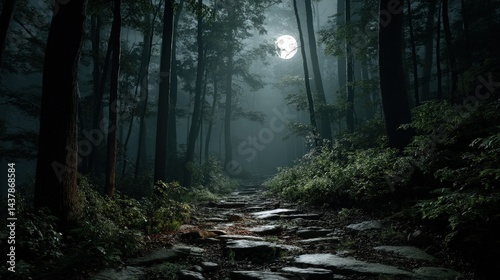 Moonlit forest path enchanted woods photograph nighttime perspective mystical journey