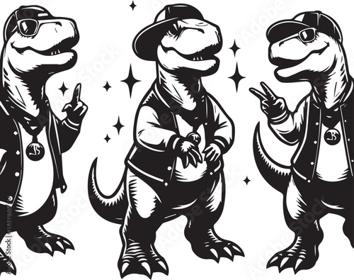 Hip-Hop Dragons in Stylish Streetwear. Three stylized dragons, dressed in trendy hip-hop attire, including baseball caps, sunglasses, and chains.