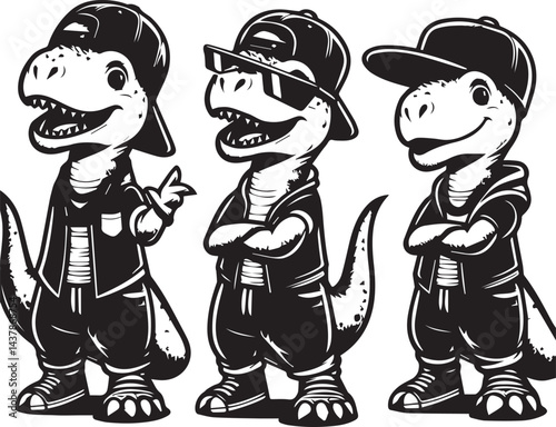 Hip-Hop Dragons in Stylish Streetwear. Three stylized dragons, dressed in trendy hip-hop attire, including baseball caps, sunglasses, and chains.