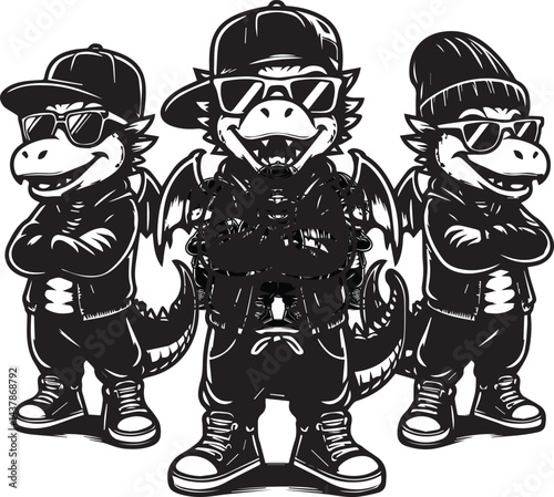 Hip-Hop Dragons in Stylish Streetwear. Three stylized dragons, dressed in trendy hip-hop attire, including baseball caps, sunglasses, and chains.