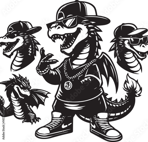 Hip-Hop Dragons in Stylish Streetwear. Three stylized dragons, dressed in trendy hip-hop attire, including baseball caps, sunglasses, and chains.