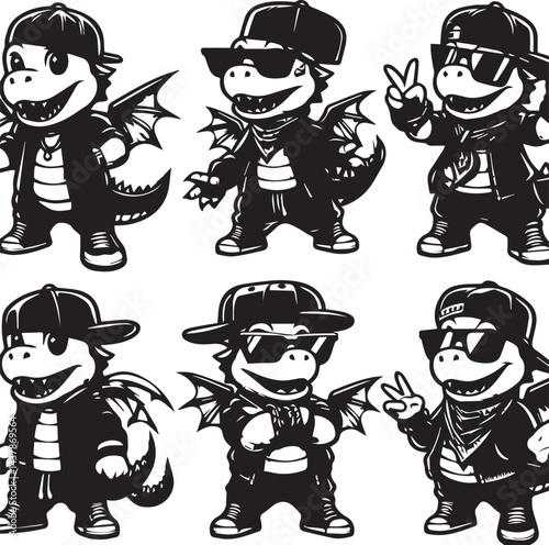 Hip-Hop Dragons in Stylish Streetwear. Three stylized dragons, dressed in trendy hip-hop attire, including baseball caps, sunglasses, and chains.
