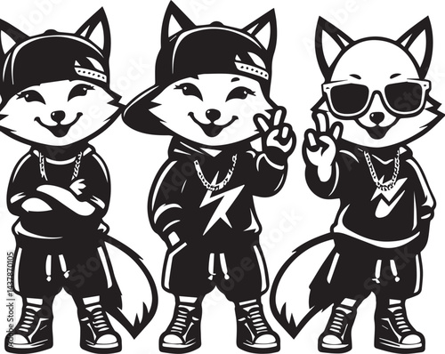 Hip-Hop Foxes in Trendy Hats and Sunglasses. Set of four stylized black and white illustrations of foxes dressed in trendy hip-hop attire.