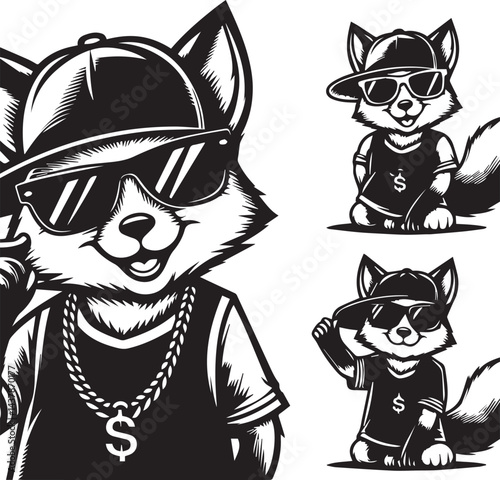 Hip-Hop Foxes in Trendy Hats and Sunglasses. Set of four stylized black and white illustrations of foxes dressed in trendy hip-hop attire.