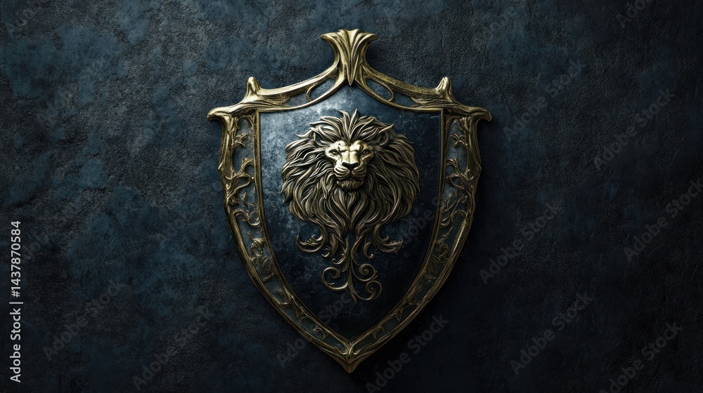 Fototapeta premium Ornate Lion Shield on Dark Surface