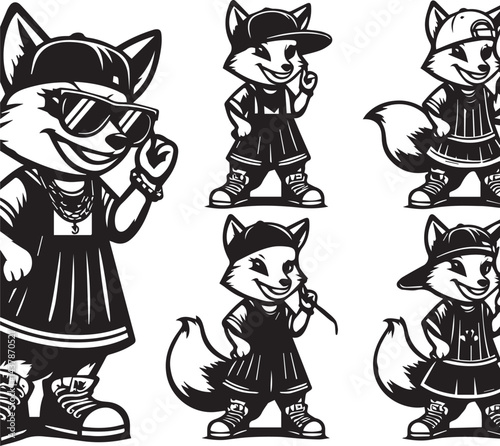 Hip-Hop Foxes in Trendy Hats and Sunglasses. Set of four stylized black and white illustrations of foxes dressed in trendy hip-hop attire.
