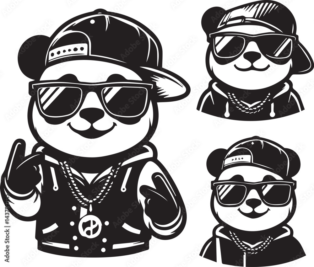 Cool Panda Characters in Hip-Hop Style. Four black and white illustrations of panda bears dressed in trendy hip-hop attire, including caps, sunglasses, and headphones. Cool Panda Characters in Hip-Hop Style. Four black and white illustrations of panda bears dressed in trendy hip-hop attire, including caps, sunglasses, and headphones.