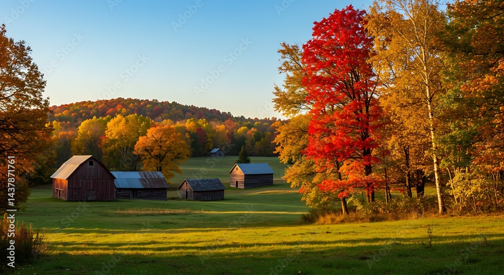 Obraz premium Rural Autumn: Farm Buildings in Golden Light Under Colorful Trees