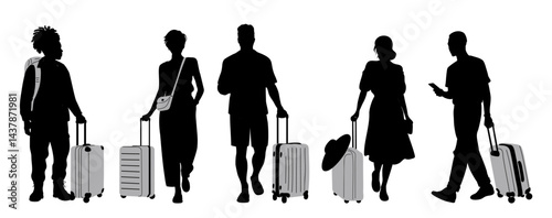 Silhouettes of different people standing, walking with suitcase, luggage, bags. Summer Vacation and travel concept. Flat vector illustrations isolated on transparent background