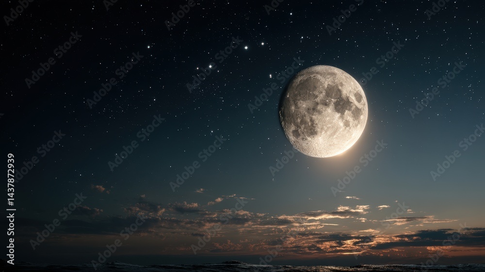 Fototapeta premium Moonrise event over stars night sky realistic photograph natural environment wide view celestial beauty