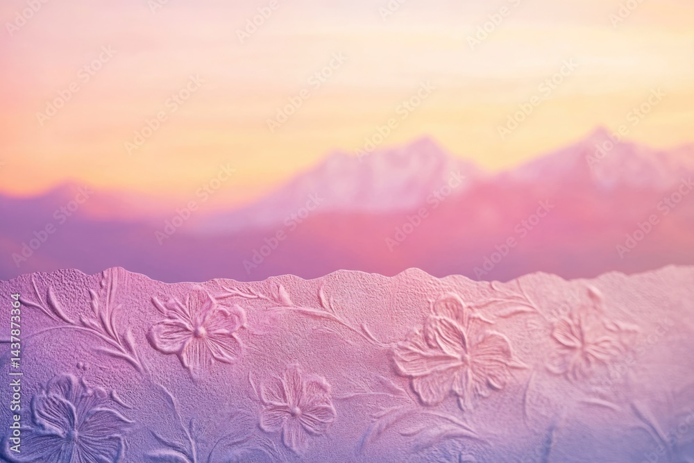 Fototapeta premium Embossed floral pattern on a textured surface, soft sunset mountains in the background.