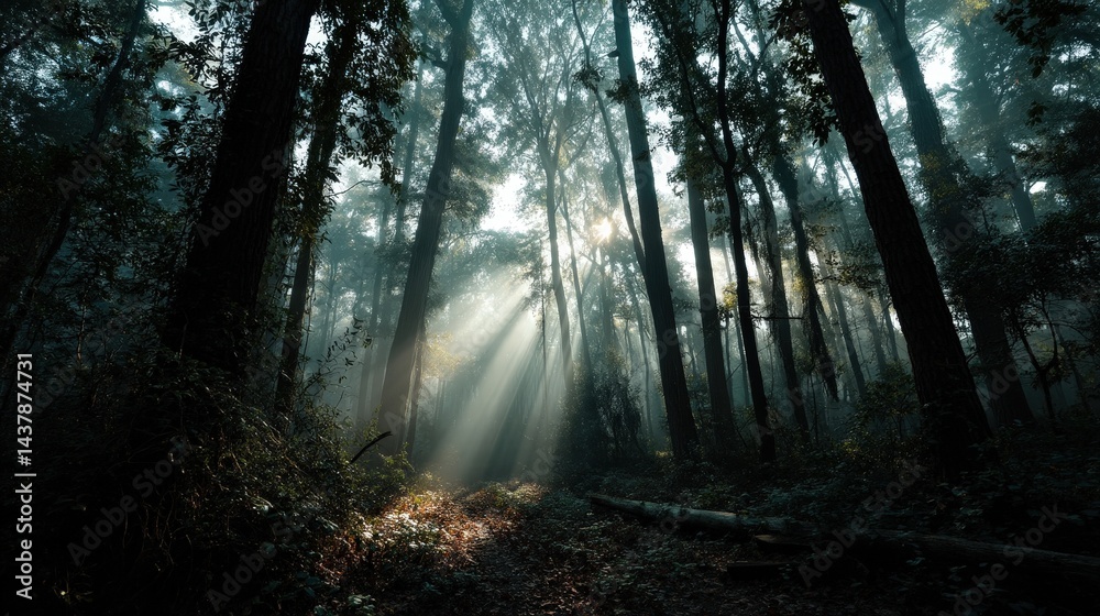 Obraz premium Sunrise breaks through trees forest realistic photograph morning light low angle nature's beauty