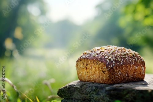 A loaf of multigrain bread with seeds rests on a rustic wooden surface in a sun-drenched outdoor setting.
