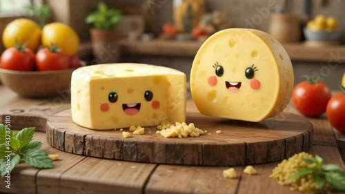 Two Cheeses Smiling on Wood Plate with Tomatoes