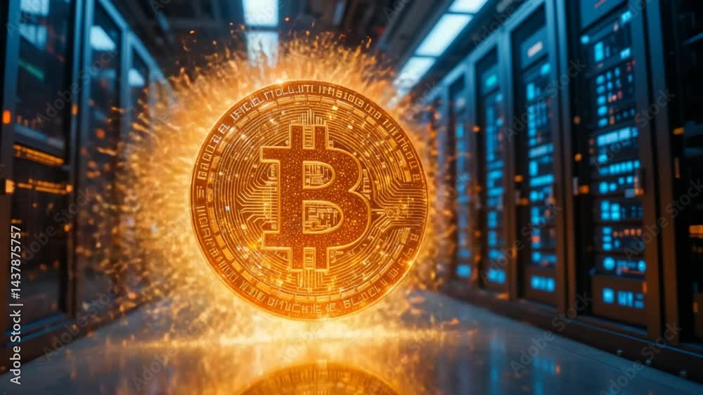 Glowing Coin in Data Center with Sparkles Visualizing Digital Currency Glowing Coin in Data Center with Sparkles Visualizing Digital Currency