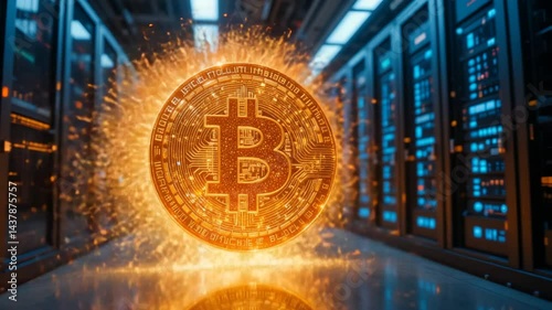 Glowing Coin in Data Center with Sparkles Visualizing Digital Currency