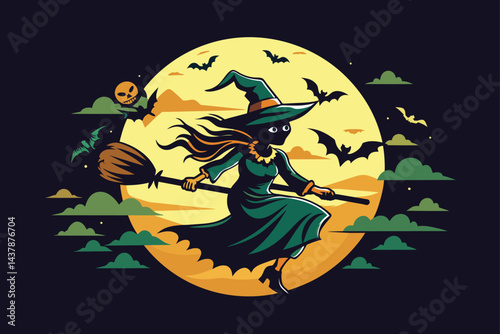 A spooky Halloween night illustration features a black silhouette of a witch flying on a broom across a dark sky with a full moon, bats, and a scary tree